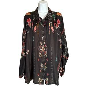 Johnny Was Black 100% Silk Oversized Floral Printed Button Up Shirt Boho M VGUC